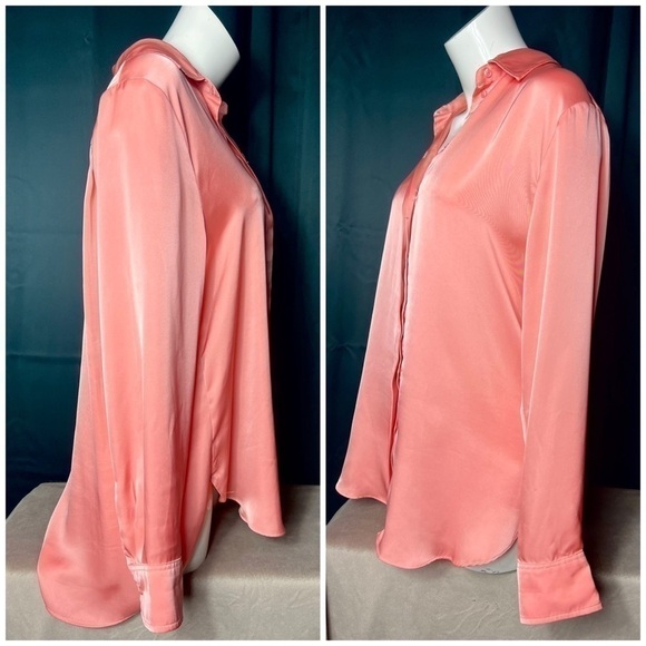 H&M Coral Pink Satin Button Down Flowy Sheen Hi Low Hem Blouse Size Medium - Picture 2 of 6
